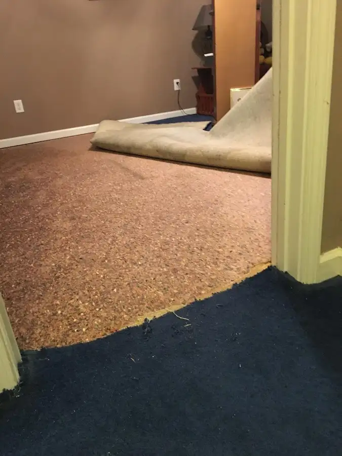 Carpet pad removal revealing water damage during Water Mitigation Services in Shallotte